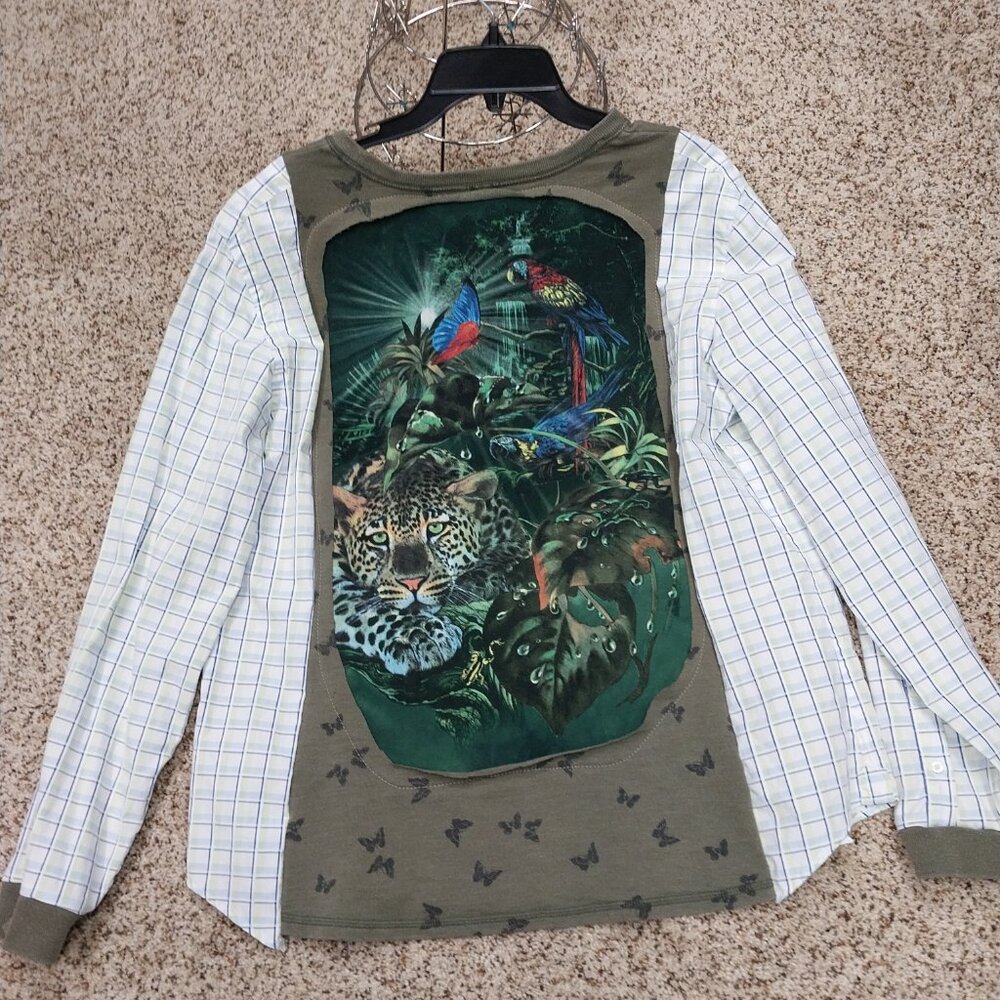 3233 Size XL Upcycled Sweatshirt Button Down Shirt Combo.